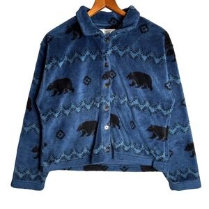 True Grit Blue Fleece Bear Southwestern Button Up Cardigan Jacket Womens Medium
